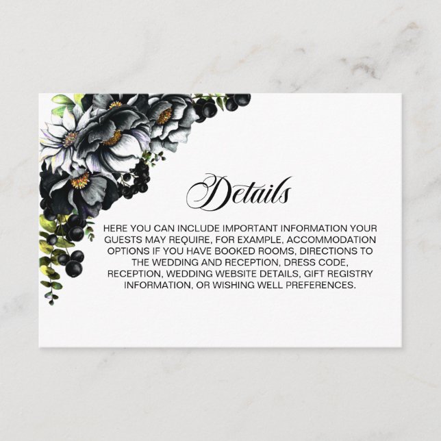Elegant Black Floral Wedding Details Enclosure Card (Front)