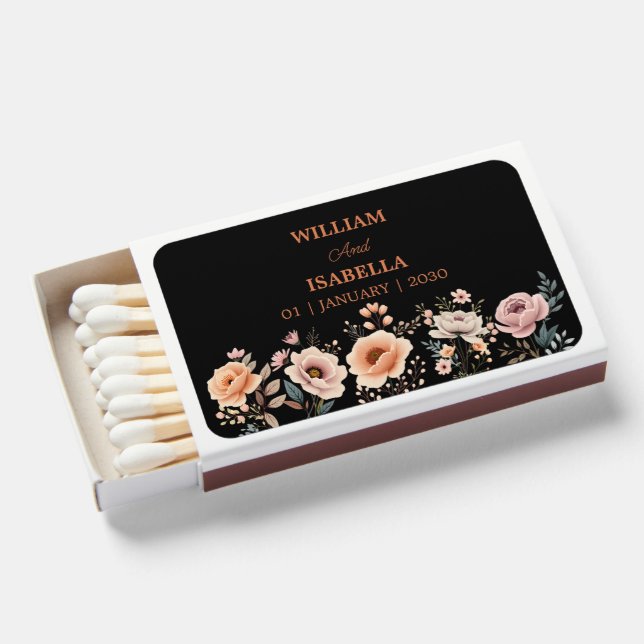 Elegant Black Floral Wedding Favor | Boho Matchboxes (Front Open)