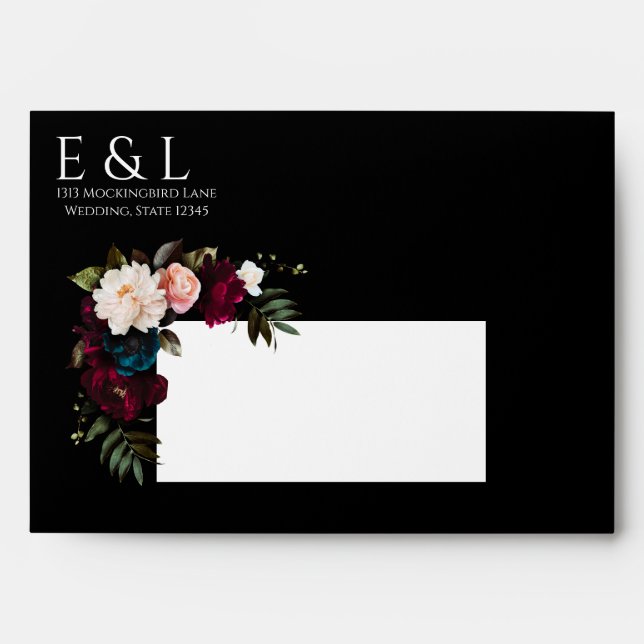 Elegant Black Floral Wedding Invitation Envelope (Front)