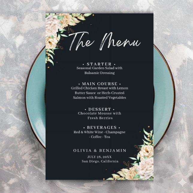 Elegant Black Floral Wedding Menu Template (Creator Uploaded)