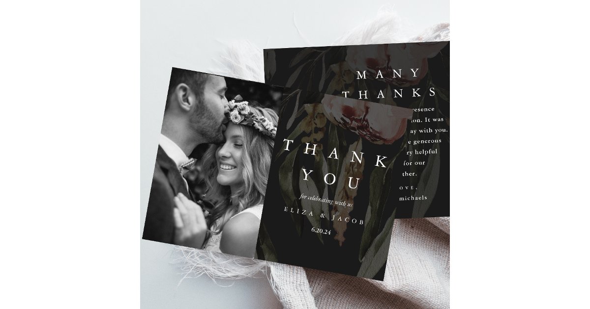 Elegant Black Floral Wedding Photo Thank You Card | Zazzle