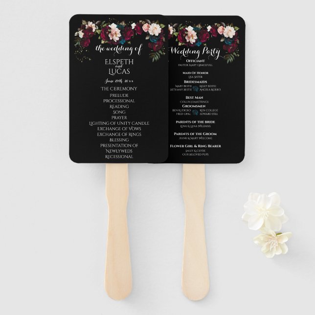 Elegant Black Floral Wedding Program Set of Fans (Front and Back)