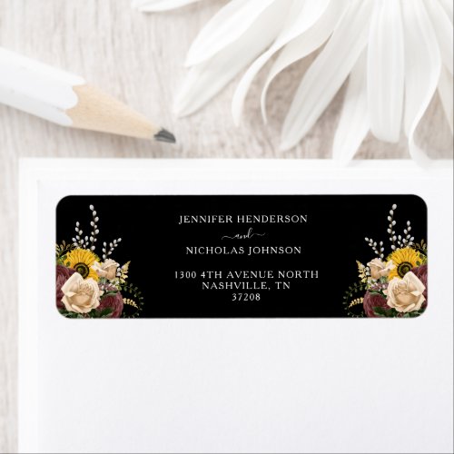 Elegant Black Floral Wedding Return Address Label
