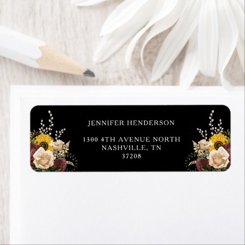 Elegant Black Floral Wedding Return Address Label