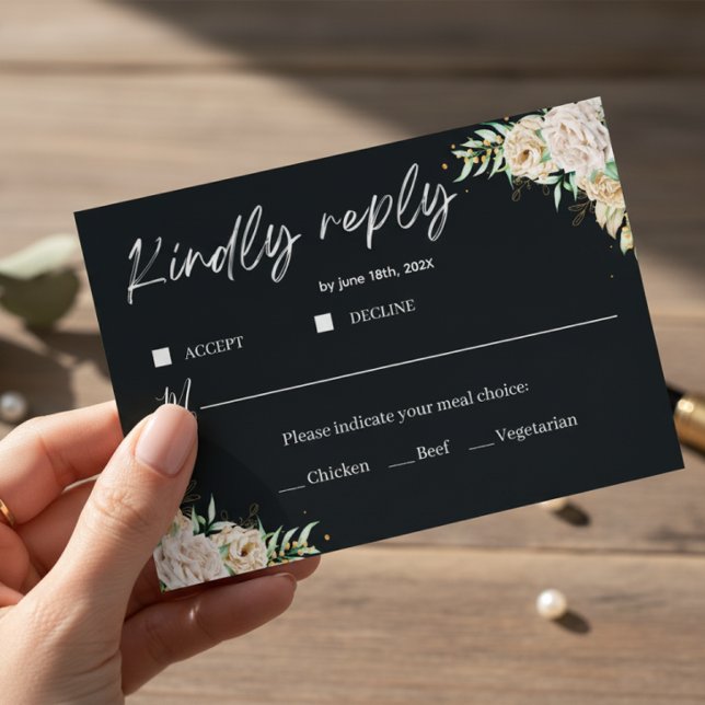 Elegant Black Floral Wedding RSVP Card Template (Creator Uploaded)