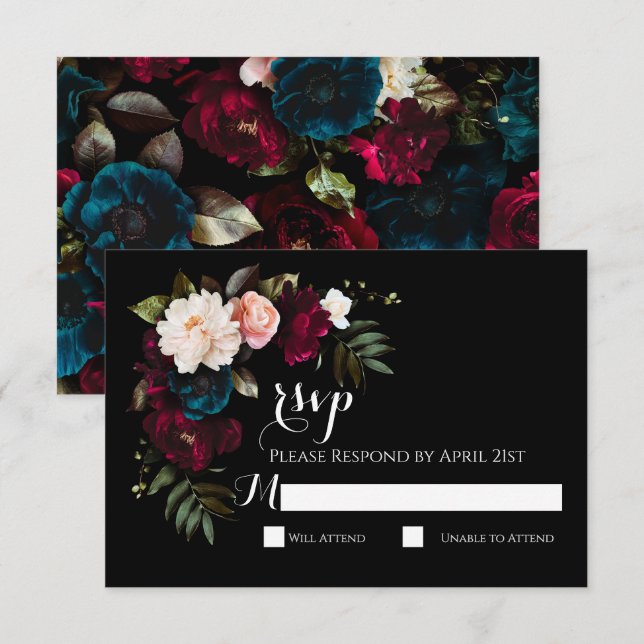 Elegant Black Floral Wedding RSVP Response Card (Front/Back)