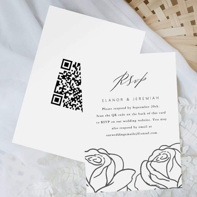 Elegant Black Floral Wedding RSVP with QR Code Card (Creator Uploaded)