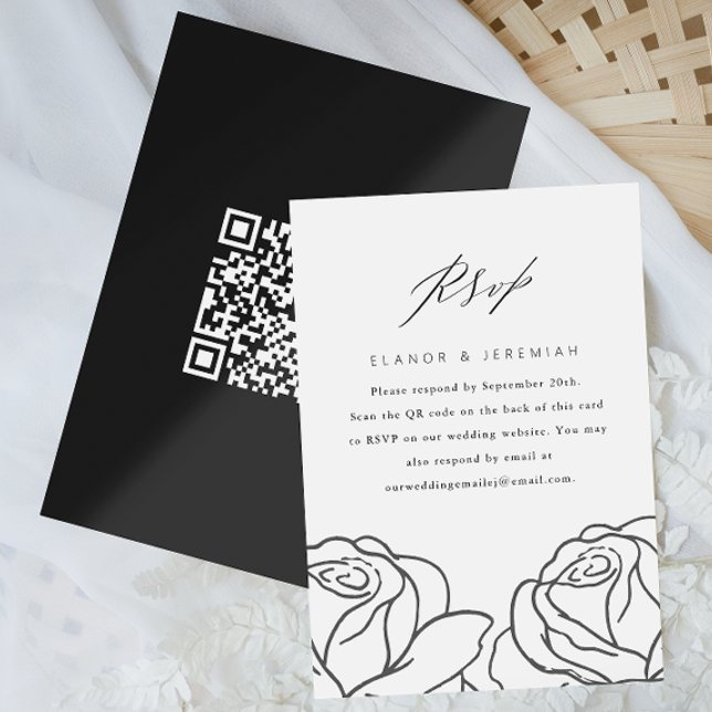 Elegant Black Floral Wedding RSVP with QR Code Card (Creator Uploaded)
