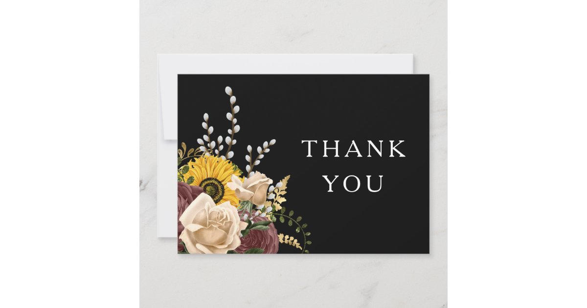 Elegant Black Floral Wedding Thank You Card | Zazzle