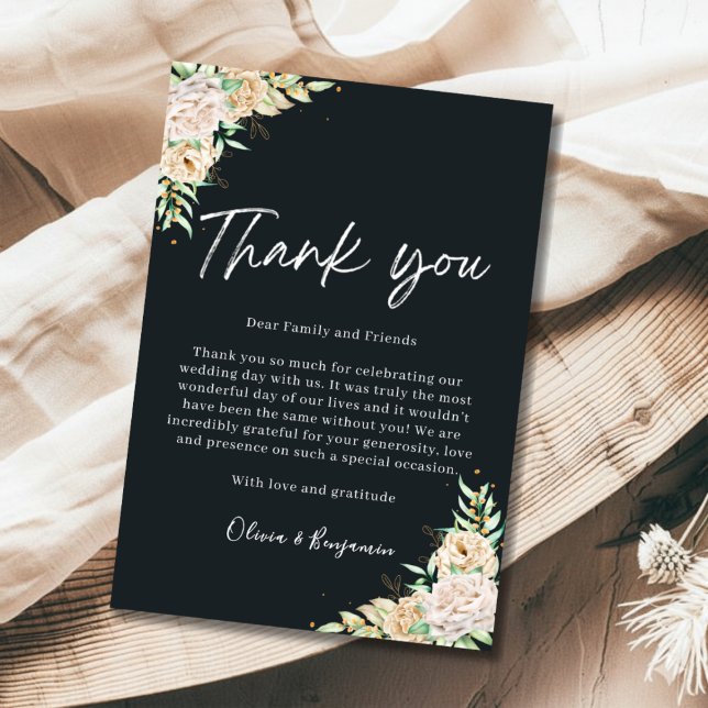Elegant Black Floral Wedding Thank You Card (Creator Uploaded)