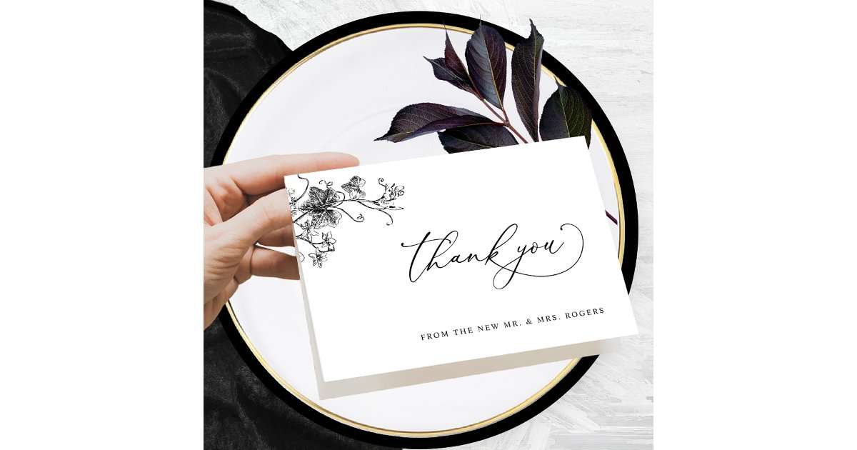 Elegant Black Floral Wedding Thank You Folded Card | Zazzle