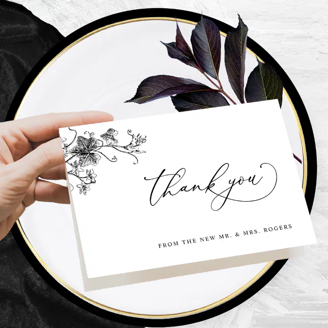 Elegant Black Floral Wedding Thank You Folded Card | Zazzle