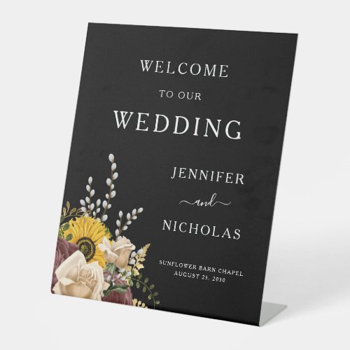  Elegant Black Floral Wedding Welcome Pedestal Sign