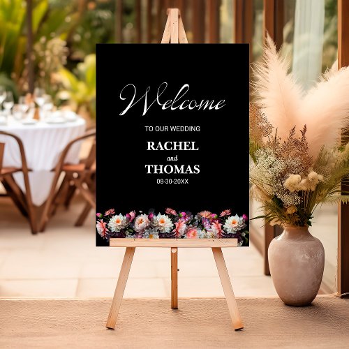 Elegant Black Floral Wedding Welcome Sign