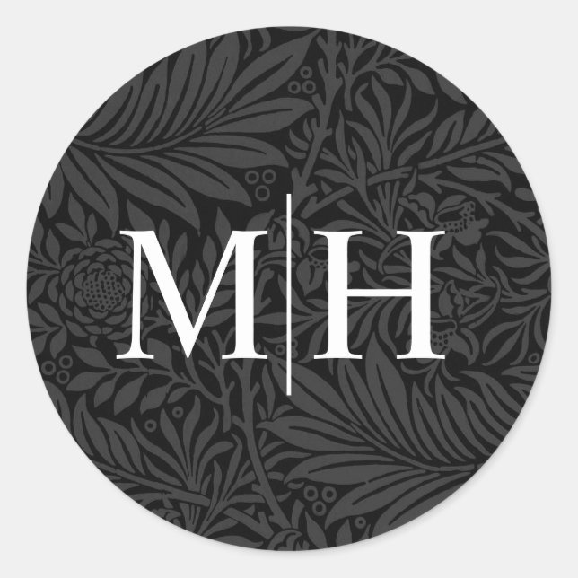 Elegant Black Floral White Monogram Wedding Classic Round Sticker (Front)