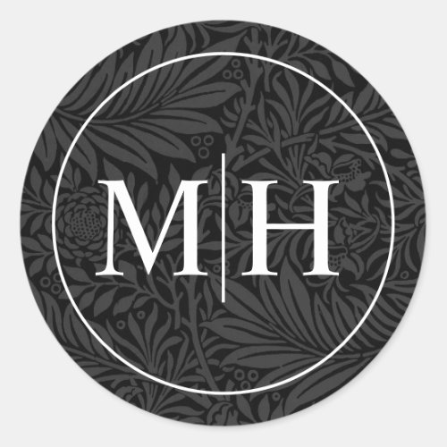 Elegant Black Floral White Monogram Wedding Classic Round Sticker