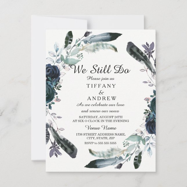 Elegant Black Floral Wreath Vow renewal invite (Front)