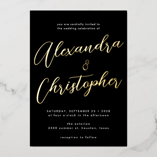 Elegant Black Flourish Calligraphy Wedding Gold Foil Invitation (Front)