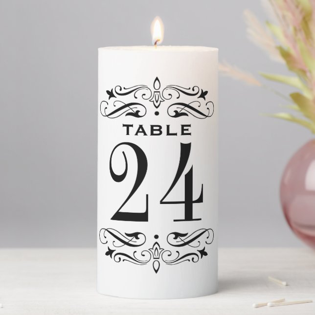 Elegant Black Flourish Wedding Table Number Pillar Candle (In Situ)