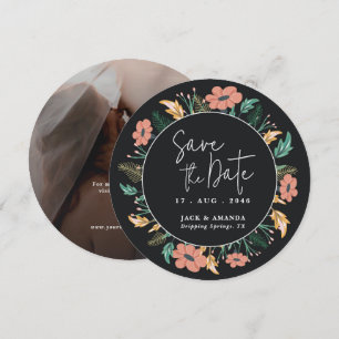 Elegant Black Flower Photo Wedding Save the Date Holiday Card