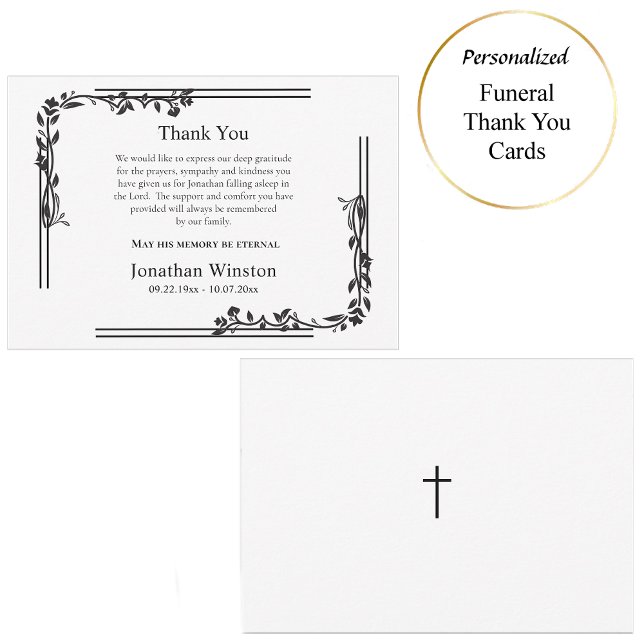 Elegant Black Flower Vines Orthodox Funeral  Thank You Card (Creator Uploaded)
