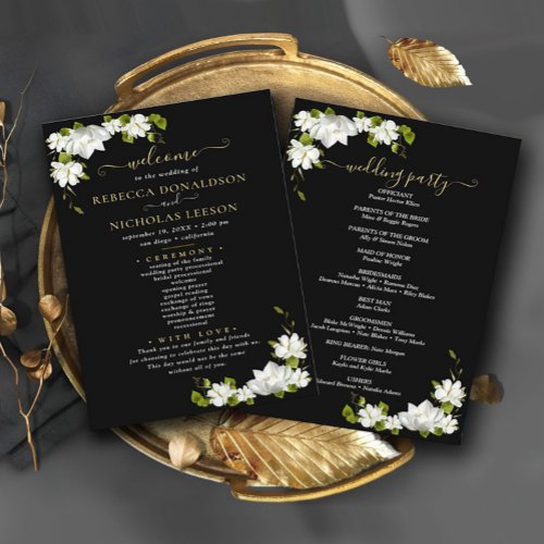 Elegant Black Flowers Botanical Wedding Program