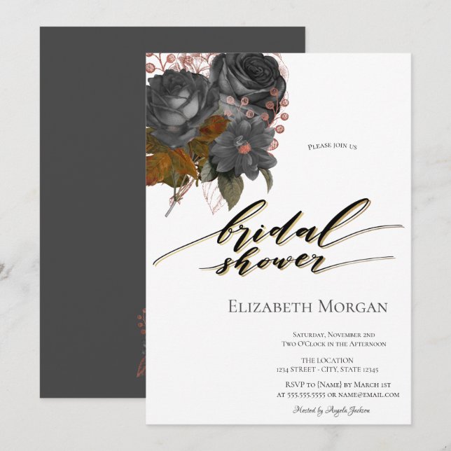Elegant Black Flowers Bridal Shower  Invitation (Front/Back)