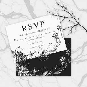 Elegant black flowers typography floral wedding RSVP card