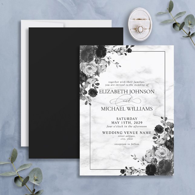 Elegant Black Flowers Watercolor Marble Wedding Invitation (Creator Uploaded)