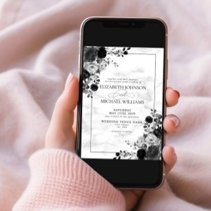 Elegant Black Flowers Watercolor Marble Wedding Invitation