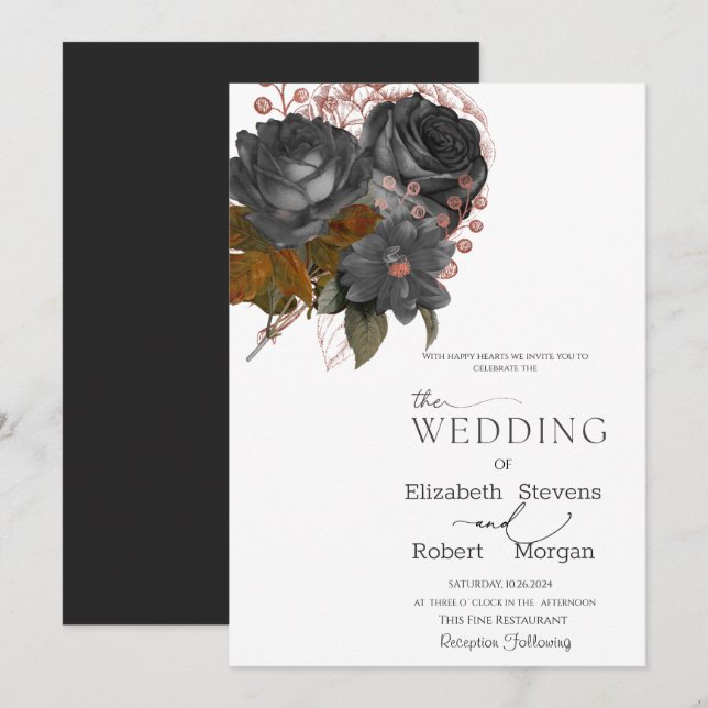 Elegant Black Flowers Wedding Invitation (Front/Back)