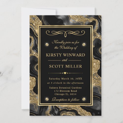Elegant Black Foil and Gold Glitter Agate Wedding Invitation