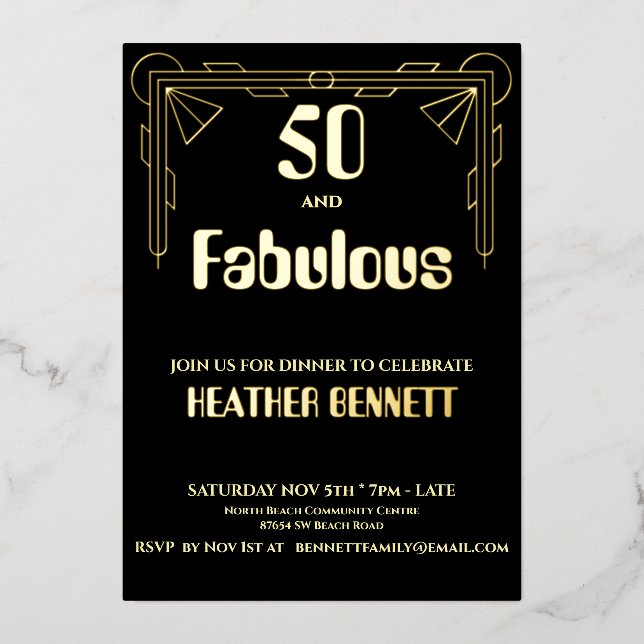 Elegant Black Foil Art Deco 50 Fabulous Birthday Foil Invitation (Front)