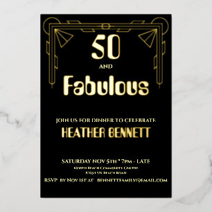 Elegant Black Foil Art Deco 50 Fabulous Birthday Invitation