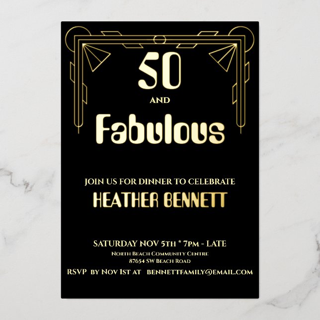 Elegant Black Foil Art Deco 50 Fabulous Birthday Invitation (Front)
