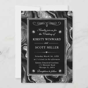 Elegant Black Foil & Silver Glitter Agate Wedding Invitation