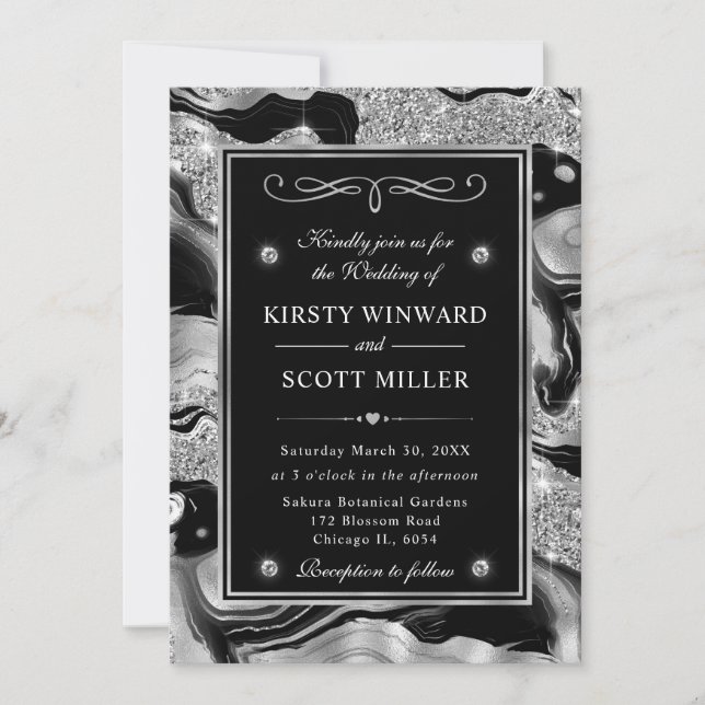 Elegant Black Foil & Silver Glitter Agate Wedding Invitation (Front)