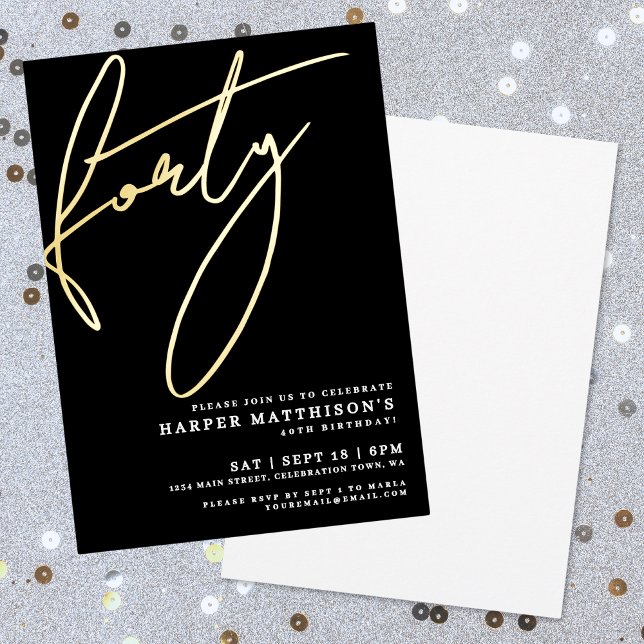 Elegant Black Forty 40th Birthday Gold Foil Invitation (Elegant Black Forty 40th Birthday Gold Foil Invitation)