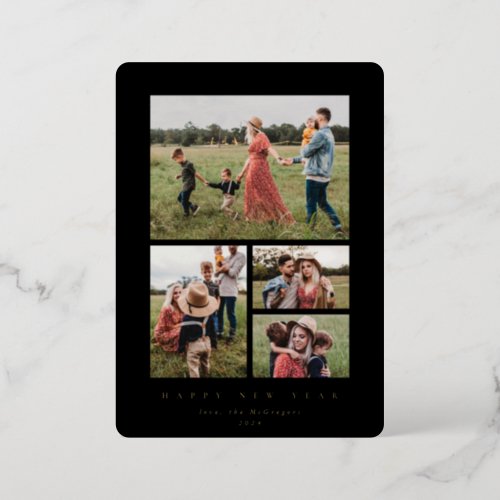 Elegant Black Frame 4 Photo Happy New Year Foil Holiday Card