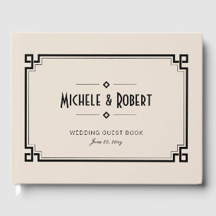 Elegant Black Frame Art Deco Beige Wedding Guest Book