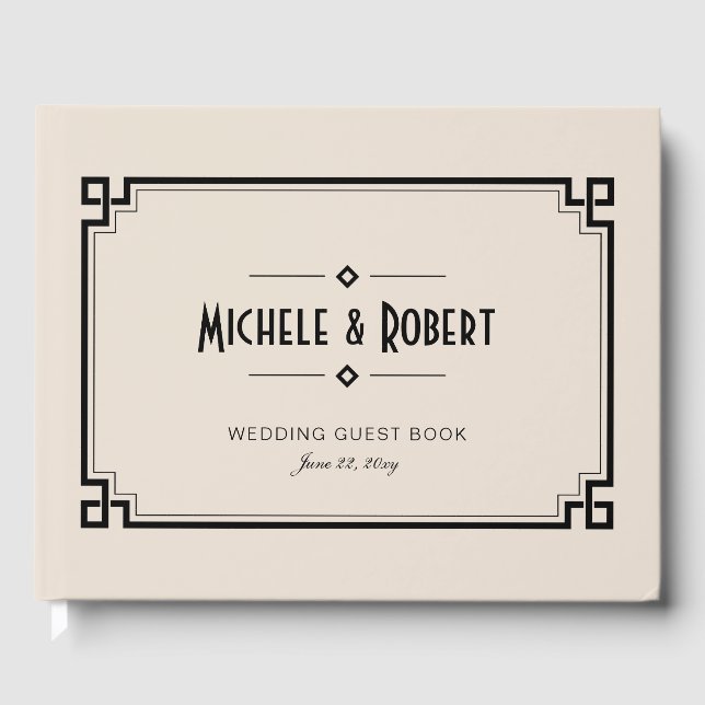 Elegant Black Frame Art Deco Beige Wedding Guest Book (Front)