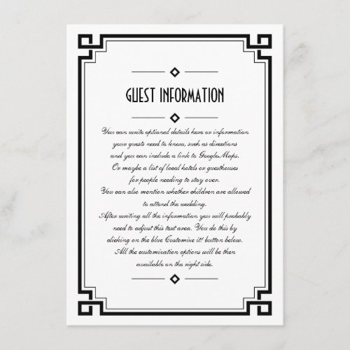 Elegant Black Frame Art Deco Wedding Insert Card