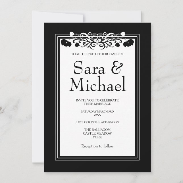 Elegant Black Frame & Floral Flourish Invitation (Front)