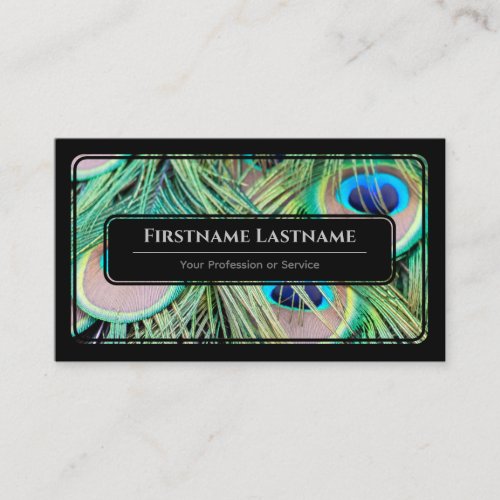 Elegant black framed peacock feathers blue green business card