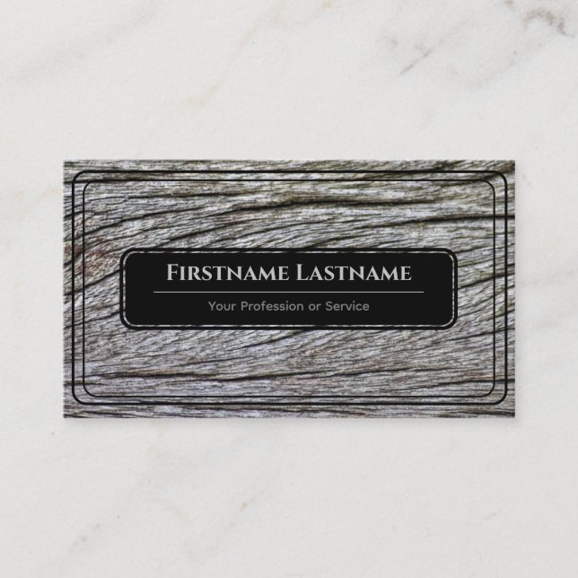 Elegant black framed wooden style wood grain gray business card (Front)