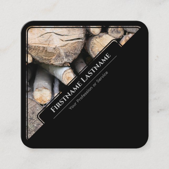Elegant black framed wooden style wood stack square business card (Front)