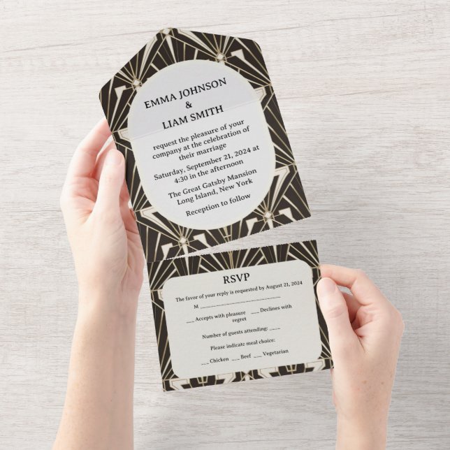 Elegant Black Geometric Roaring 20s Wedding All In One Invitation (Tearaway)