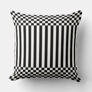 Elegant Black Geometric Stripes & Checker White Throw Pillow
