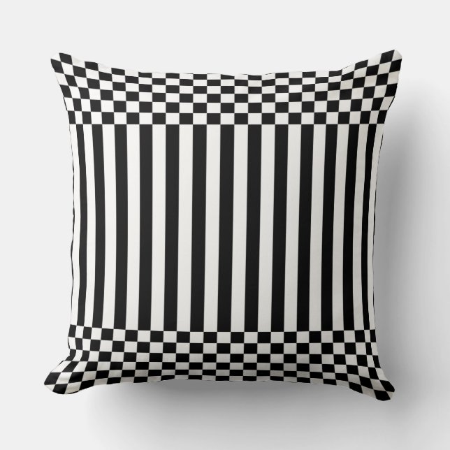 Elegant Black Geometric Stripes & Checker White Throw Pillow (Front)