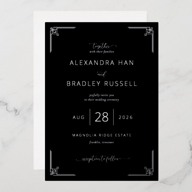 Elegant Black Geometric Wedding Invitation Foil Invitation (Front/Back)